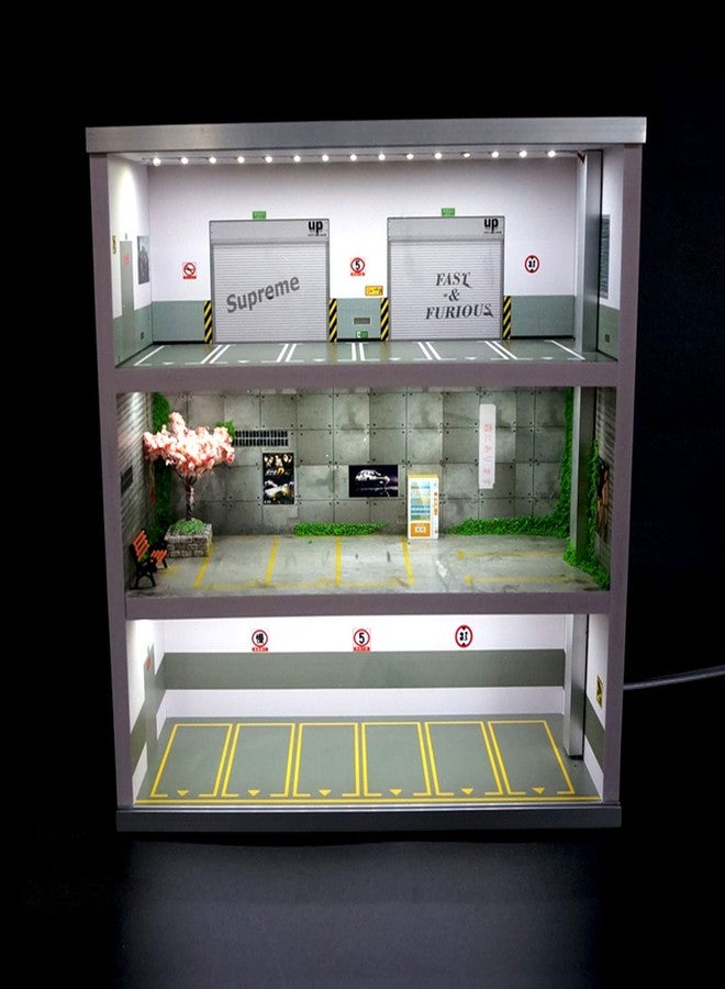 JAYEUW 1/64 Car Model Display Case with Parking Lot Scene Toy Model Car Display with LED Lights (1:64 Scale, 16 Parking Spaces) - Image 1